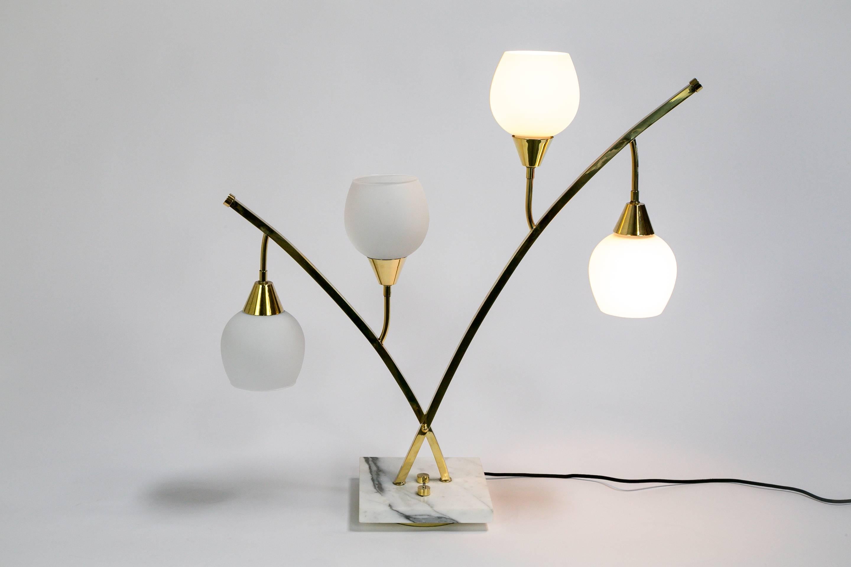 Expansive Narrow Brass & Marble Mid-Century 4-Light Table Lamps w/ Glass Shades For Sale 2