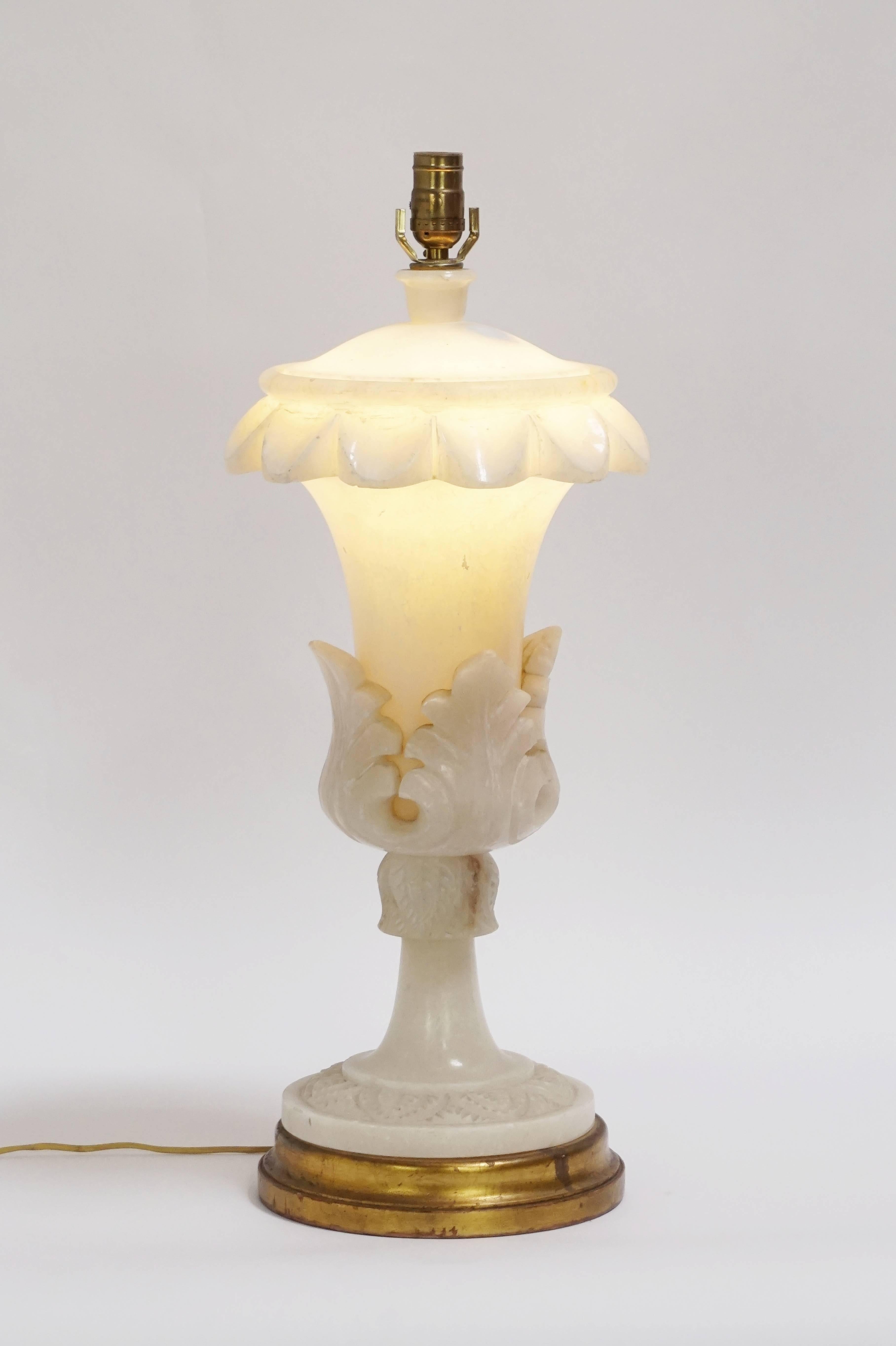 Italian Large Carved Alabaster Leaf/Urn Lamp, Lit from Within, Gilded Base For Sale
