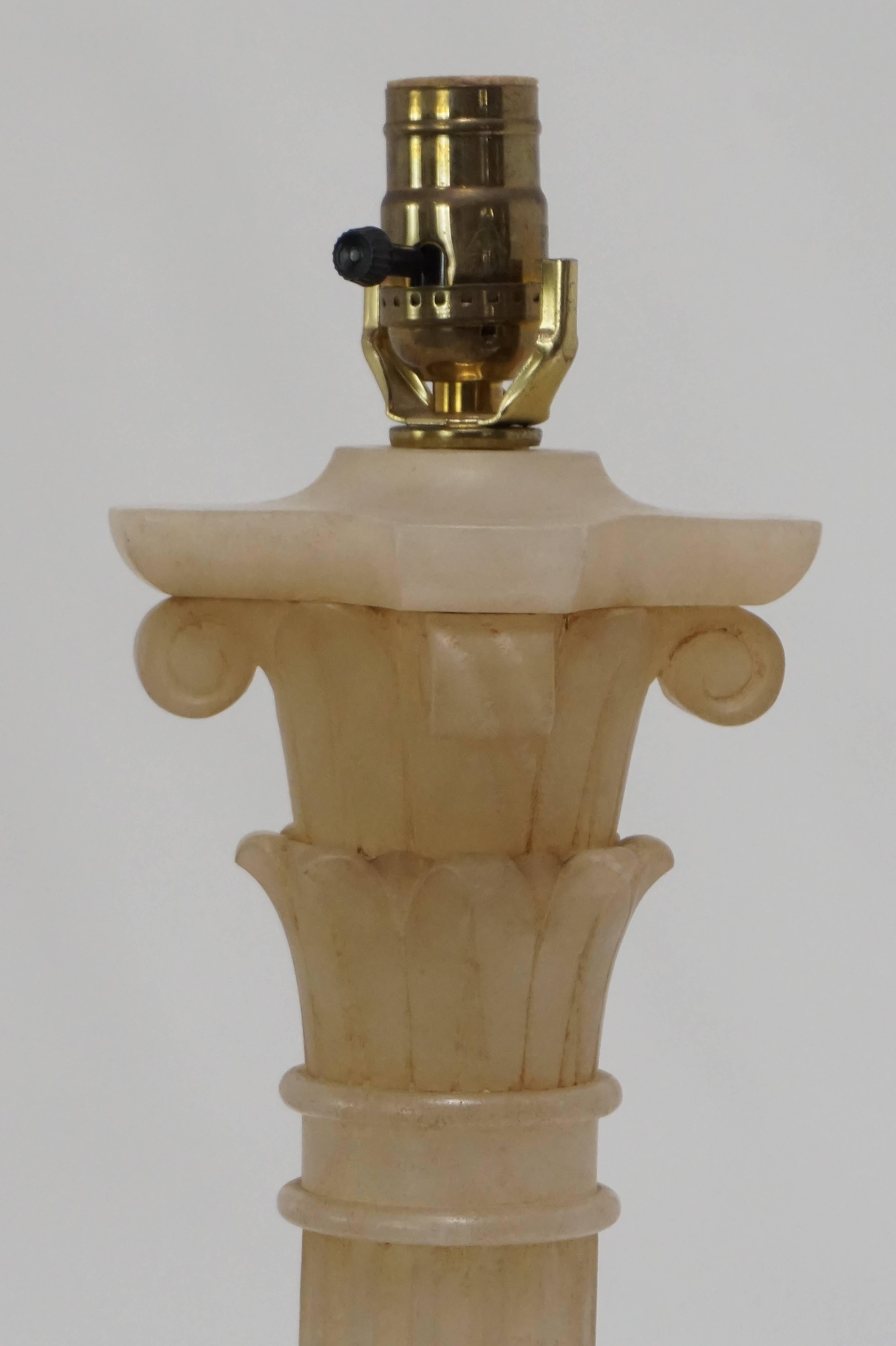 Hand-Carved Tall Column Lamp in Rare Alabaster