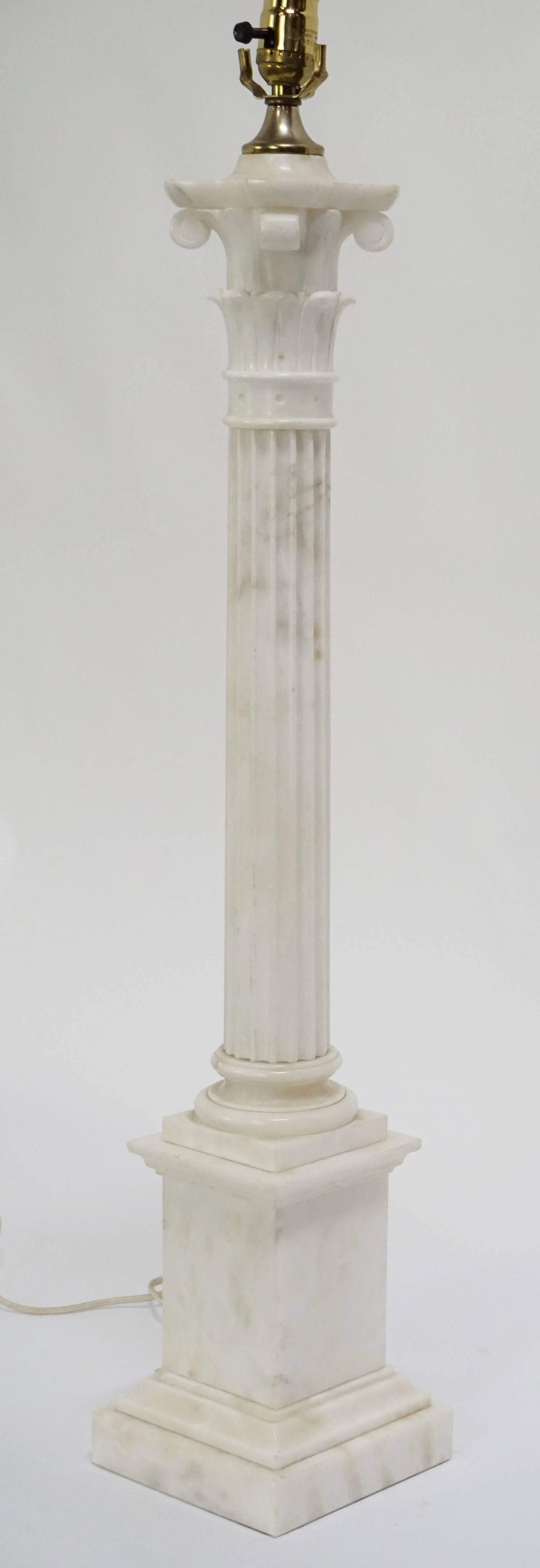 Tall white alabaster column table lamp. Wiring is good, Italian, 1940s.
  