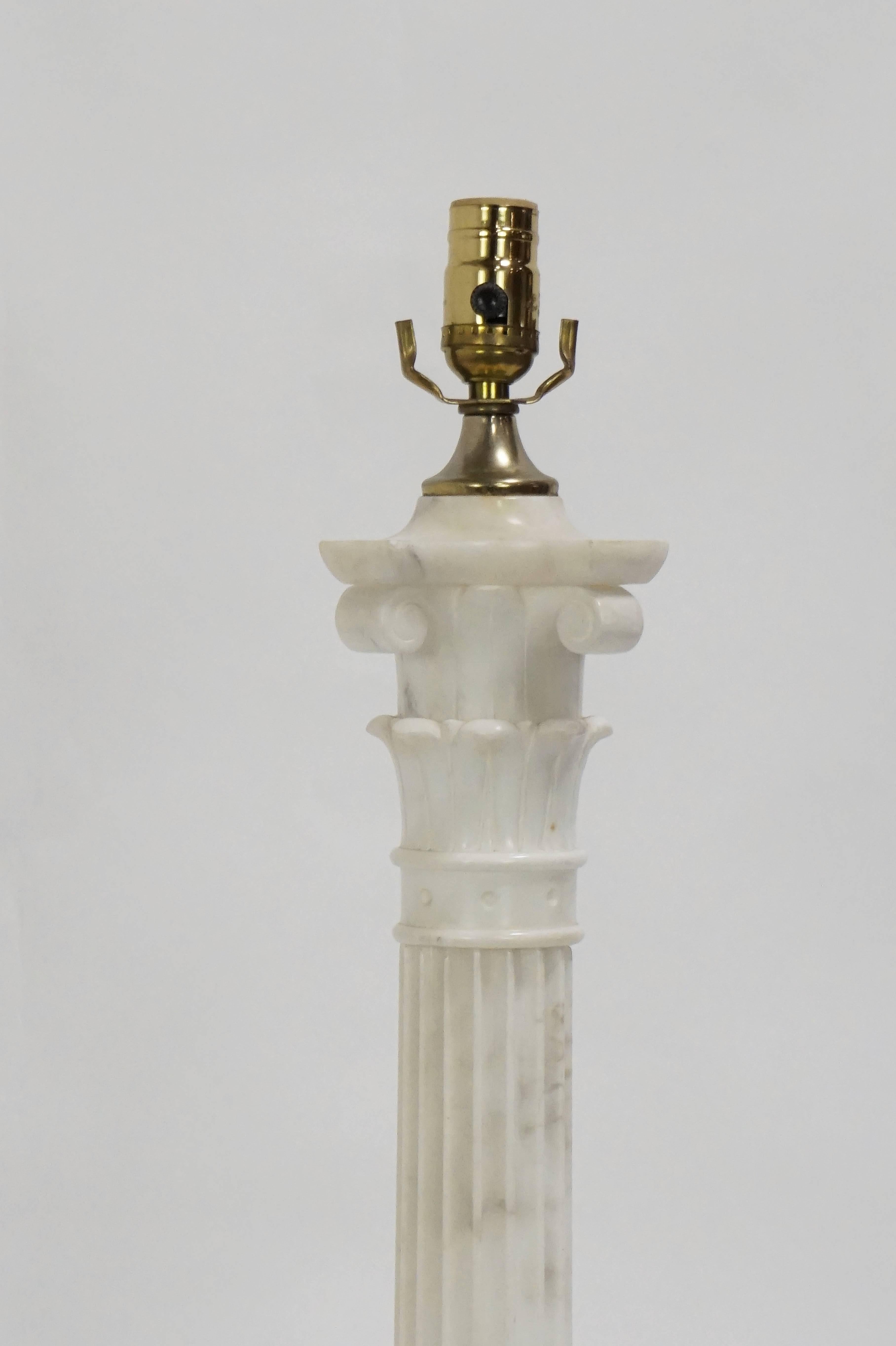 Hand-Carved Tall White Column Alabaster Table Lamp