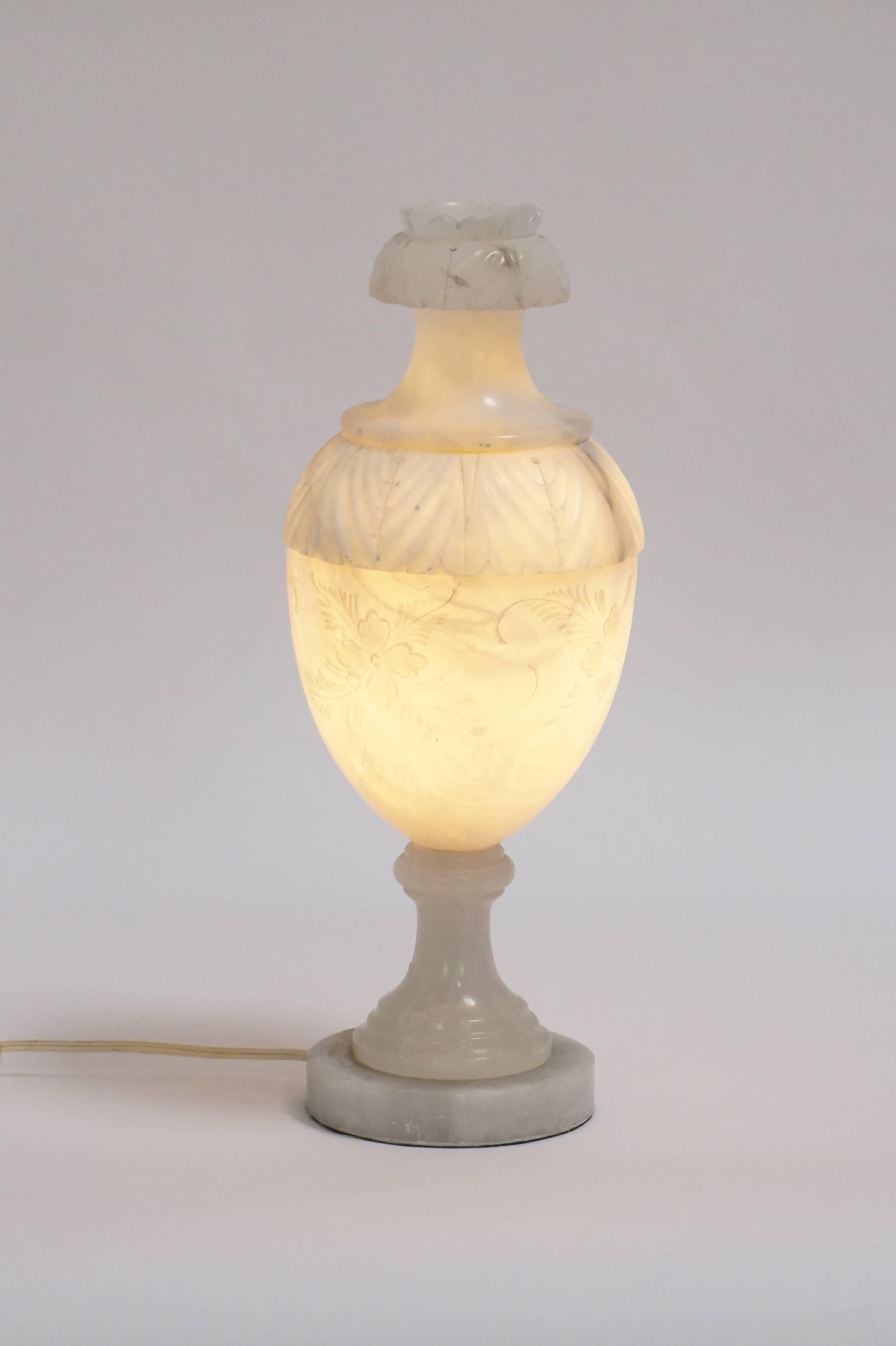 Mid-Century Modern Alabaster Urn Lamp with Floral Motif