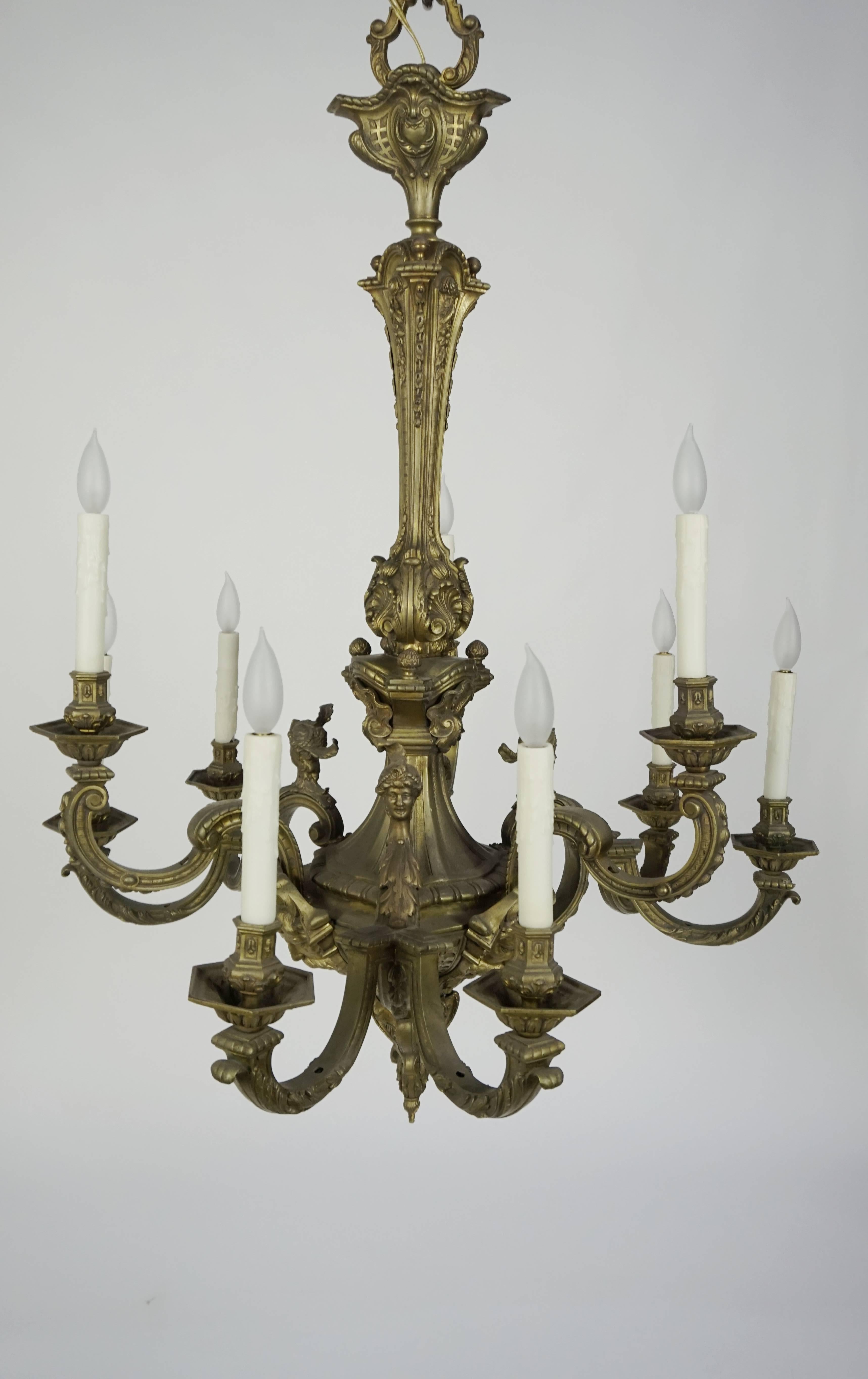 French Detailed Faces & Acanthus Leaf 19th Century Second Empire Bronze Chandelier