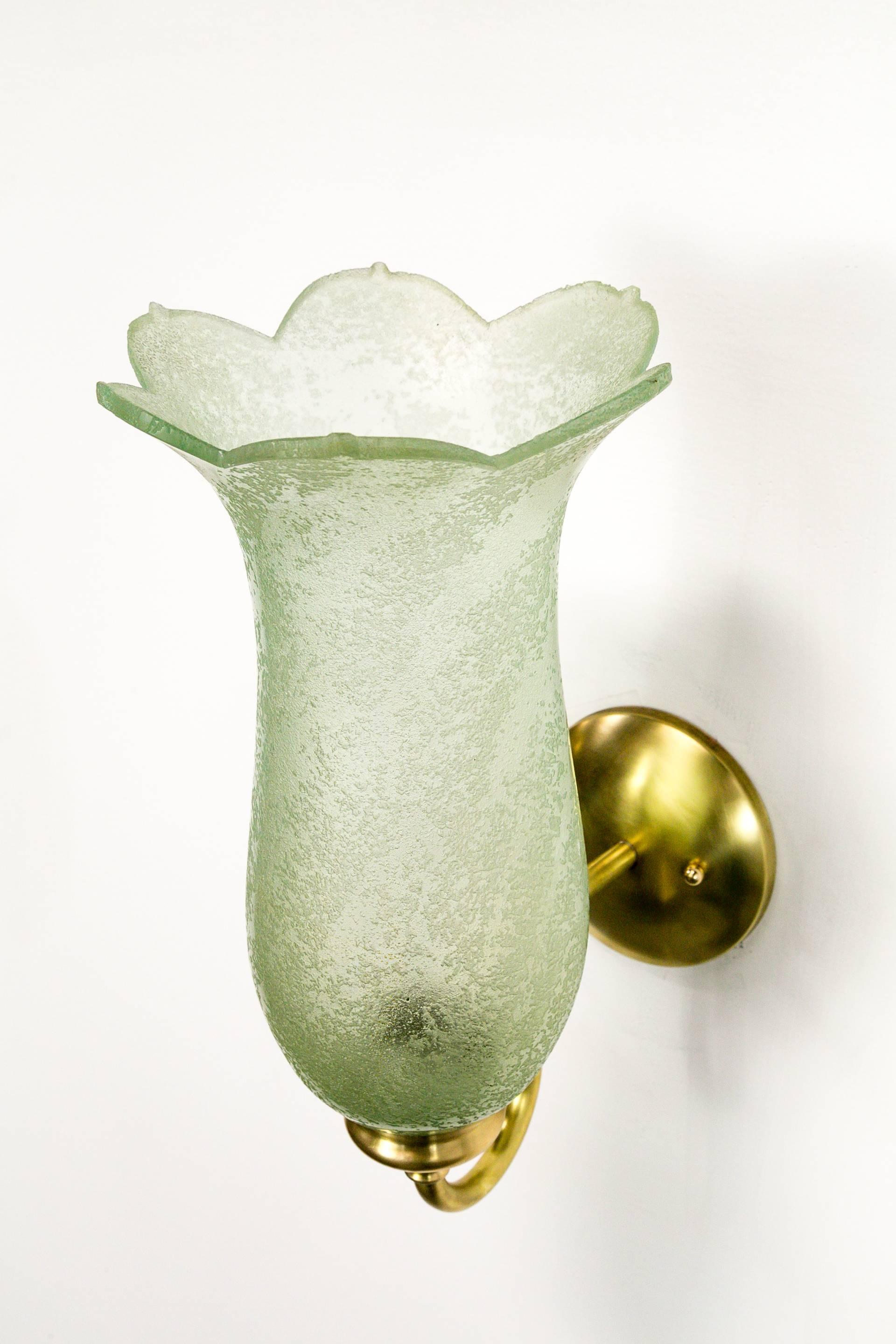 Art Nouveau Antique Pale Green Textured Glass Bellflower Scroll Arm Sconces