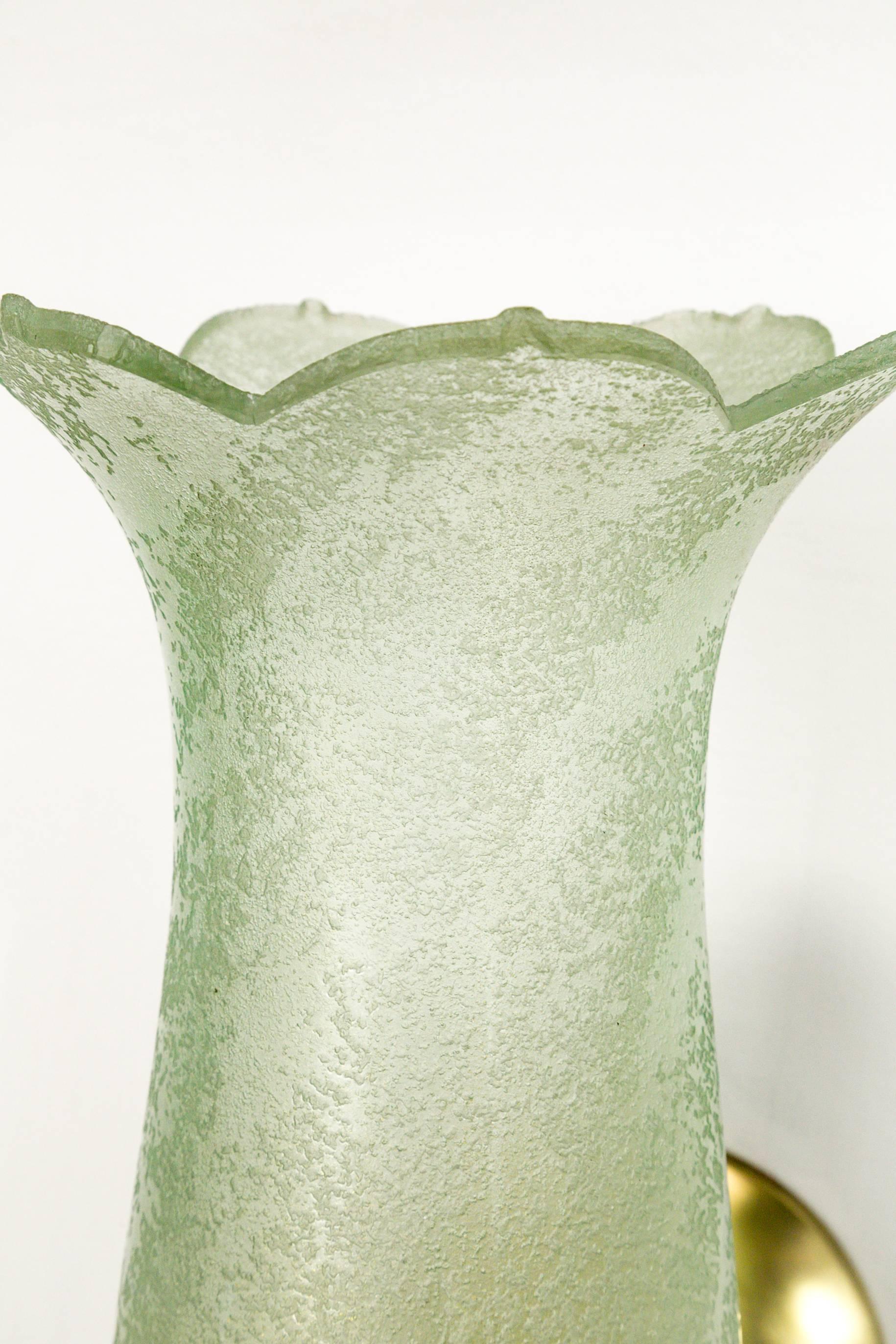 Antique Pale Green Textured Glass Bellflower Scroll Arm Sconces In Excellent Condition In San Francisco, CA