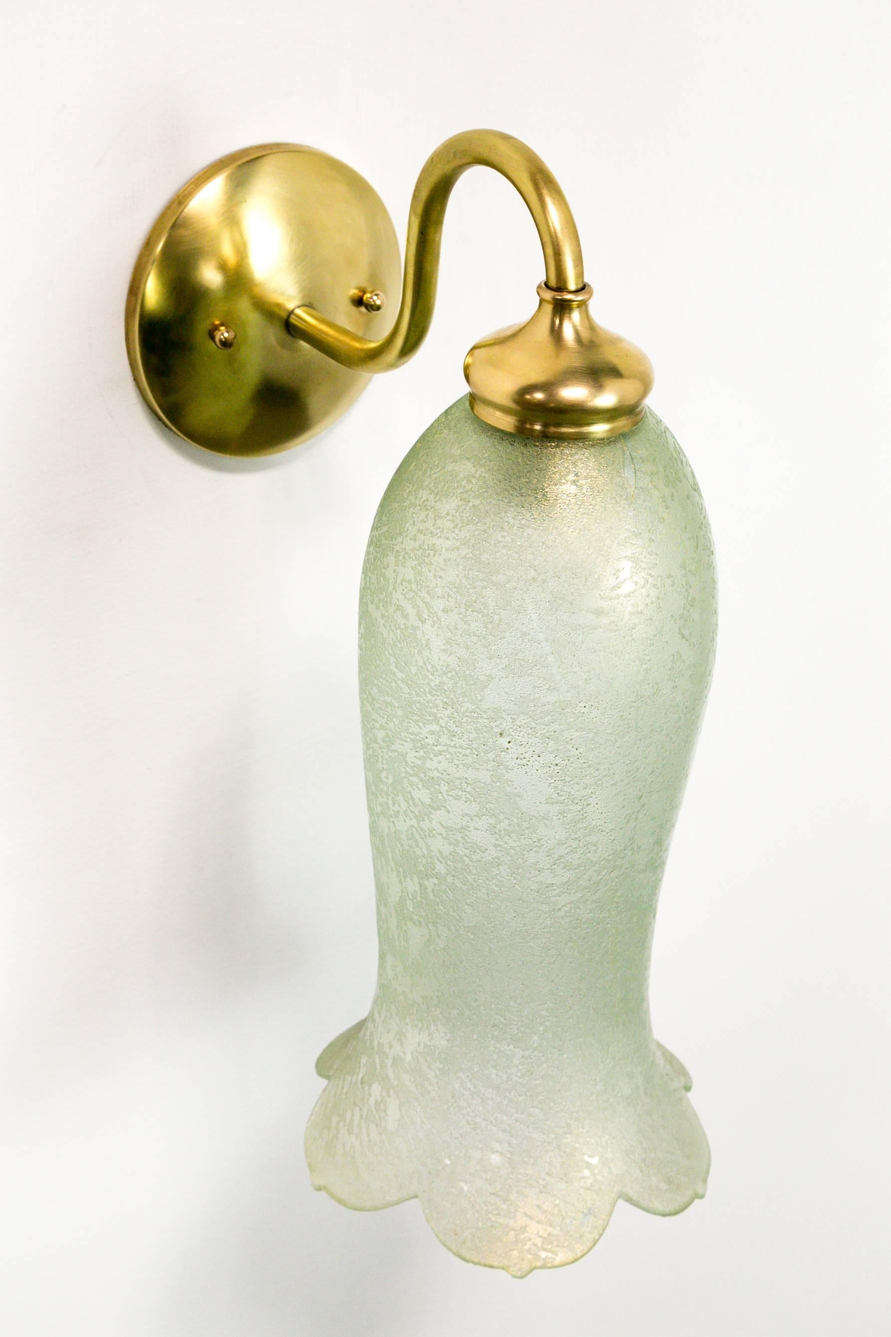 20th Century Antique Pale Green Textured Glass Bellflower Scroll Arm Sconces