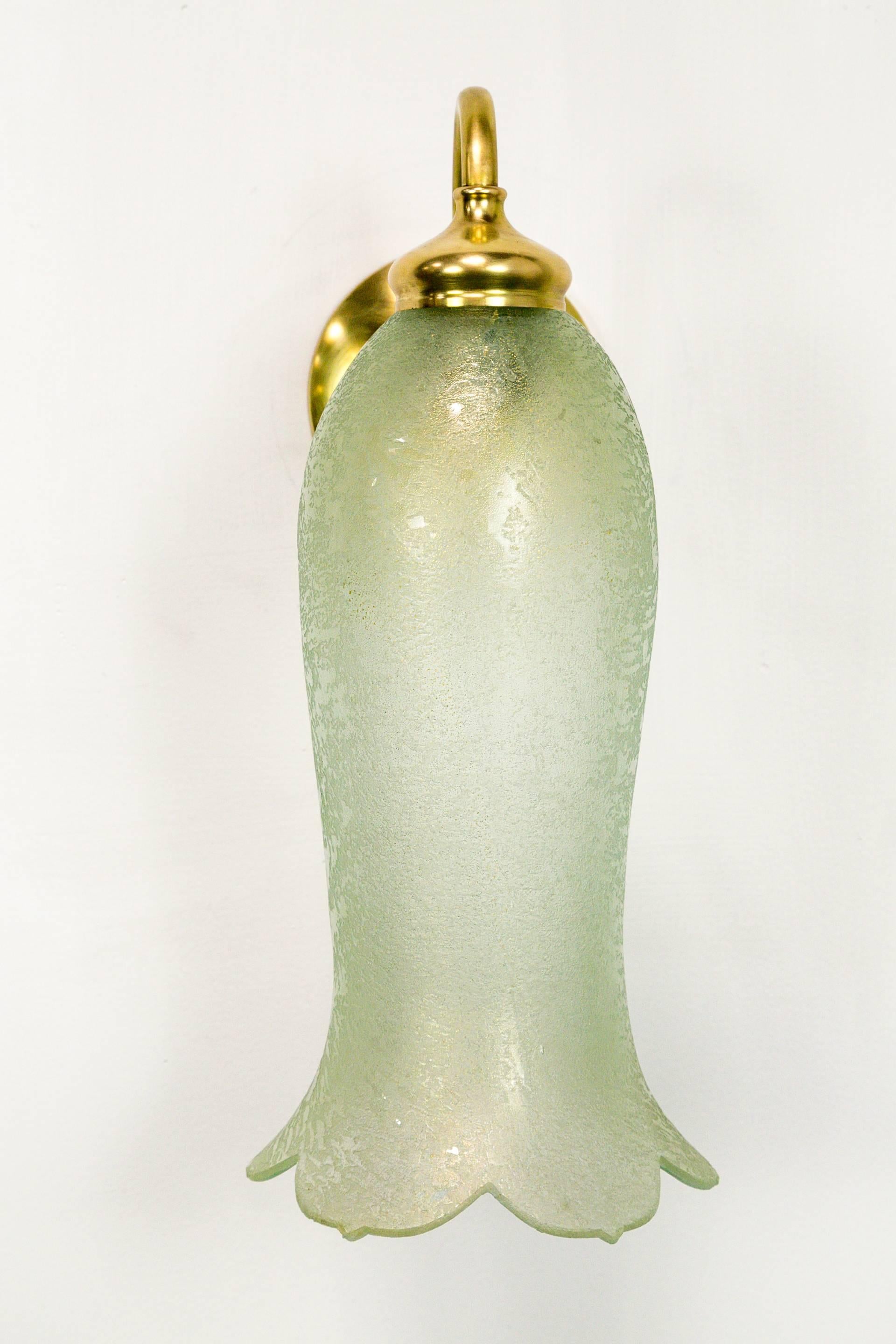 Brass Antique Pale Green Textured Glass Bellflower Scroll Arm Sconces