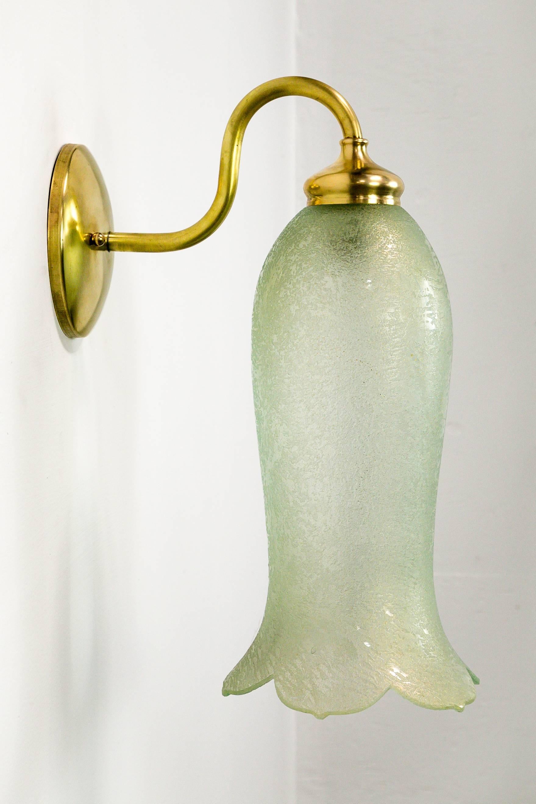 Antique Pale Green Textured Glass Bellflower Scroll Arm Sconces 1