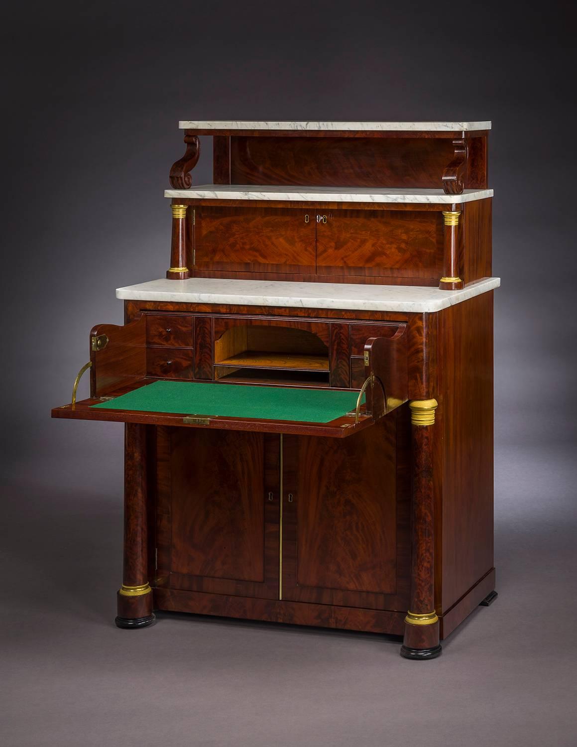 Butler’s Desk and Etagére, circa 1825
New York, possibly by Duncan Phyfe
Mahogany (secondary woods: mahogany, pine, poplar), with ormolu mounts, marble, and brass
54 in. high, 36 5/8 in. wide, 23 5/8 in. deep
EX. COLL.: Buffalo, New York,