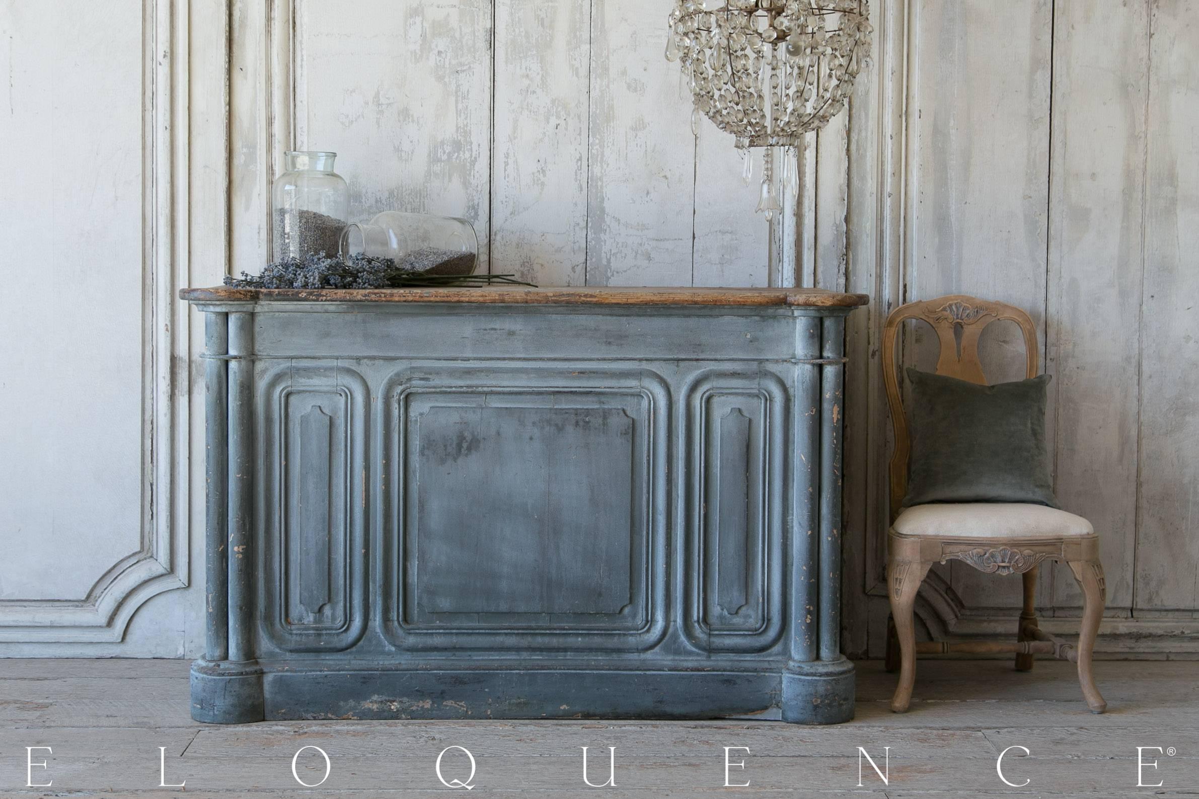 Gorgeous Antique French Store Counter from Montpellier in a rustic deep slate with a hint of sea green. This piece is beautiful way to add subtle color to your space. Plenty of storage and a generous surface allow you to hide larger items and