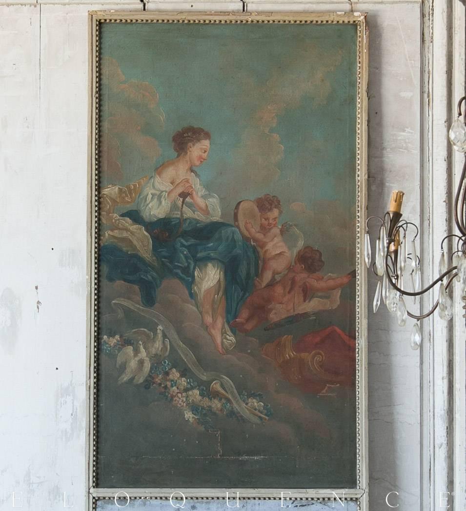 Stunning oxidized rectangle mirror with a duck egg finish, adorned with a hand painted panel. The idyllic scene is in lovely condition, and would an element of classic beauty to any space.