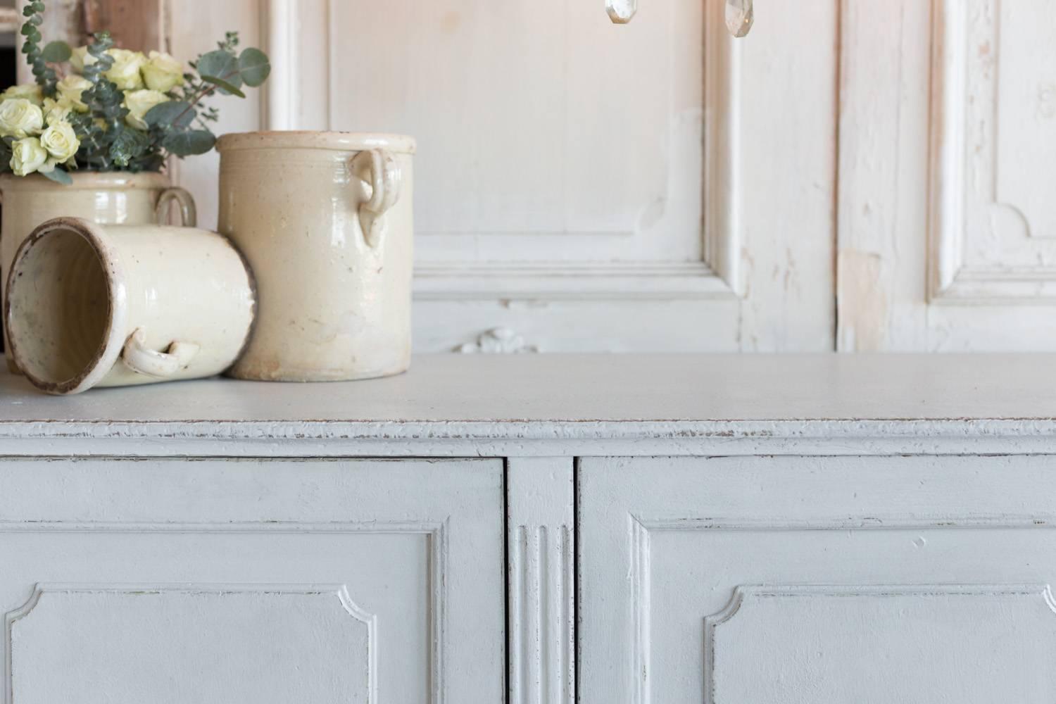 Contemporary Lyre Sideboard in Distressed White Finish For Sale