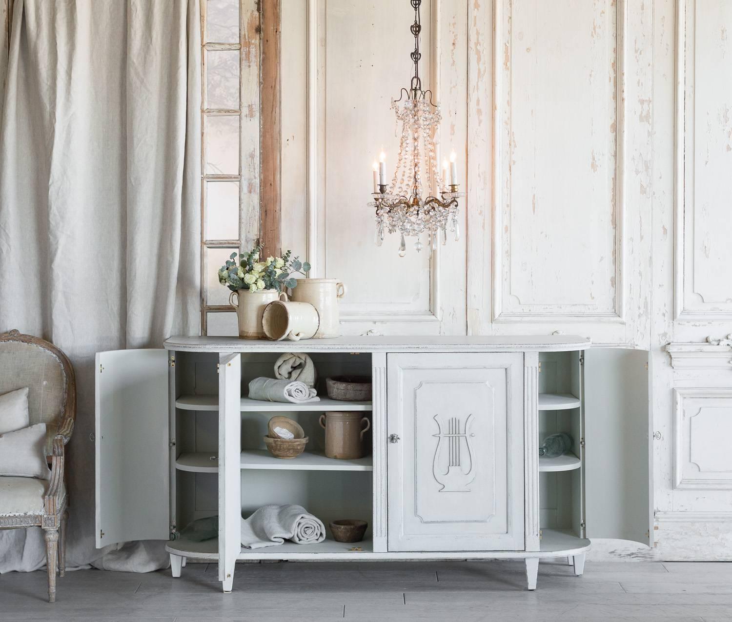 Lyre Sideboard in Distressed White Finish In Excellent Condition For Sale In Los Angeles, CA