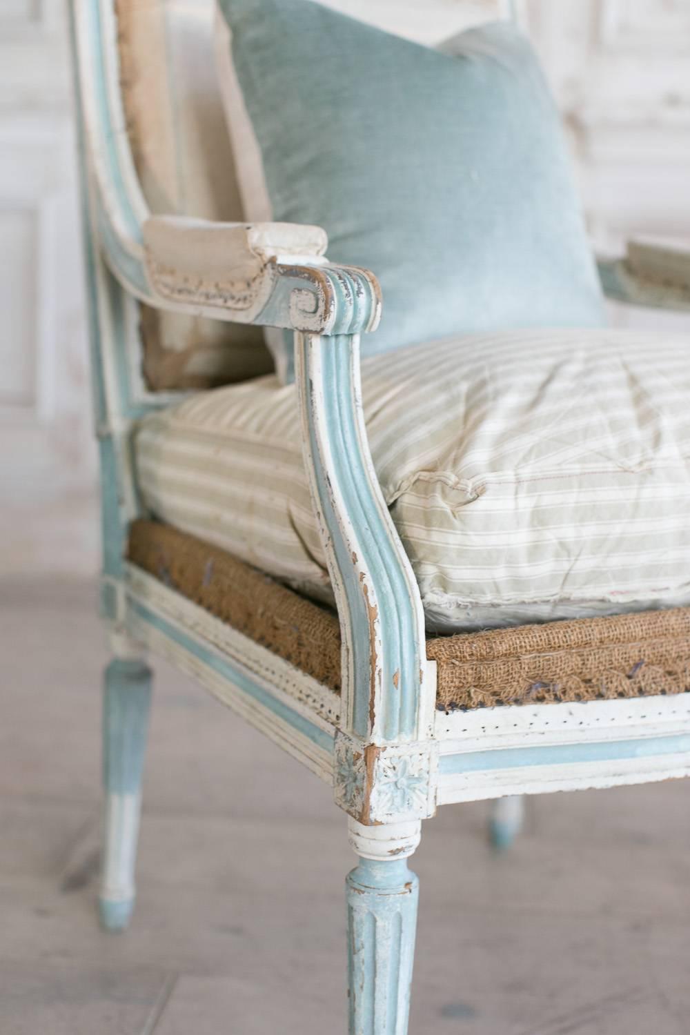 Pair of Antique Armchairs in Washed Aqua Finish: 1890 5