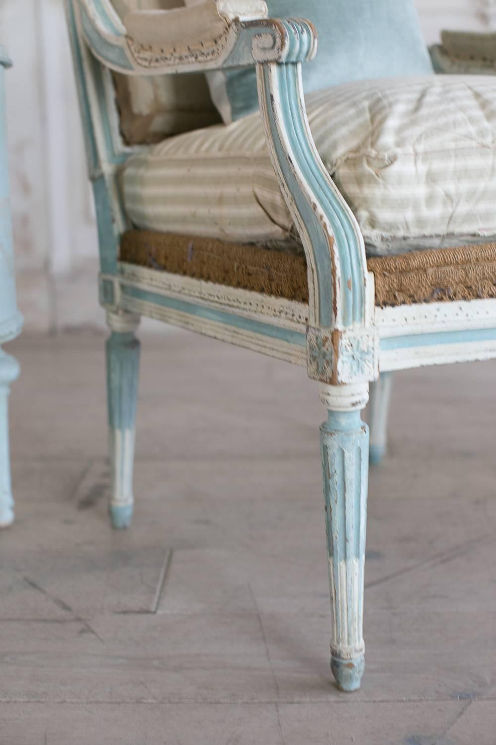 Pair of Antique Armchairs in Washed Aqua Finish: 1890 6