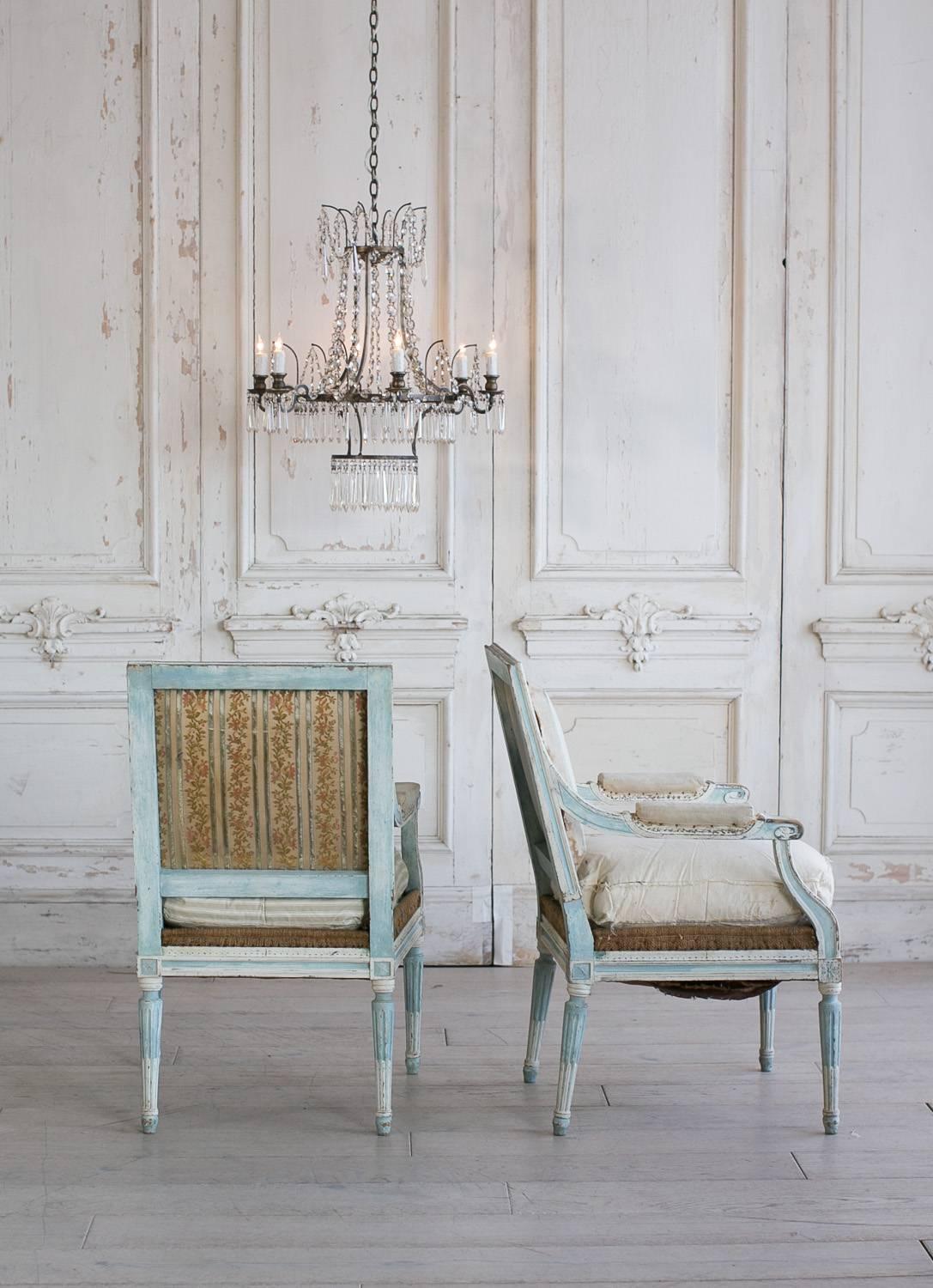 Pair of Antique Armchairs in Washed Aqua Finish: 1890 4