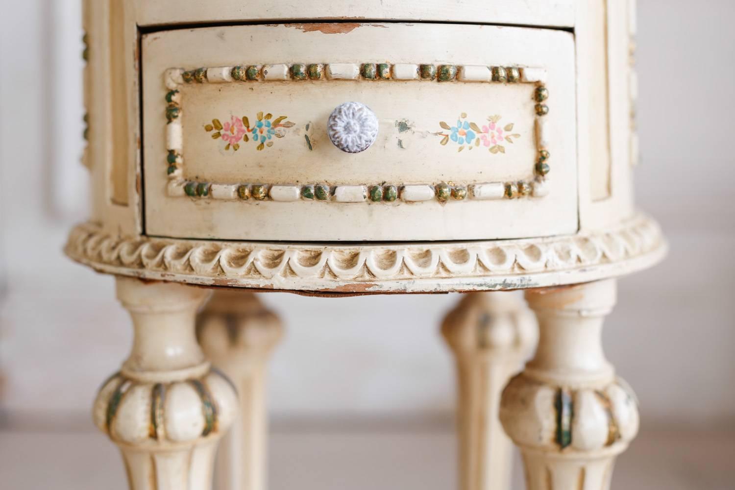 European Pair of Vintage Painted Nightstands: 1940