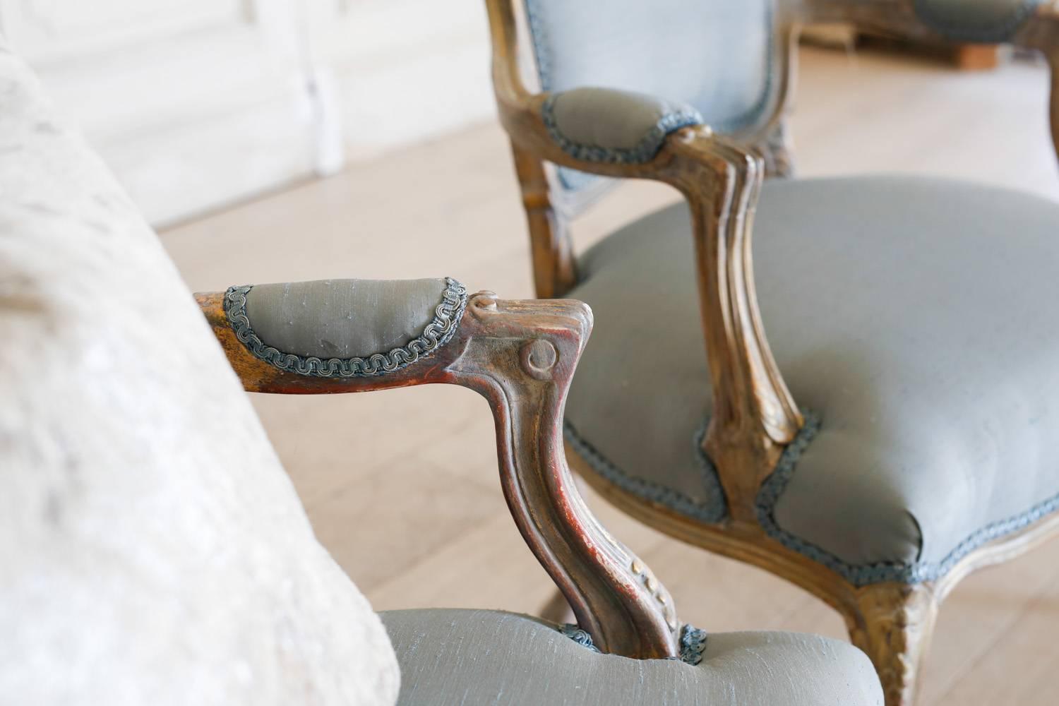 Louis XV Pair of Vintage Armchairs in Blue Silk: 1940 For Sale