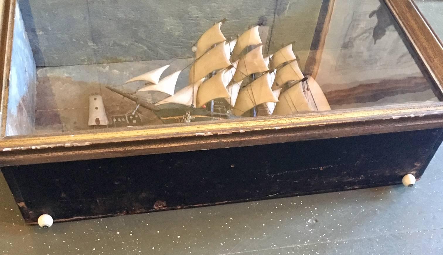 American 19th Century Carved Wooden Ship Shadowbox with Lighthouse and Cottage