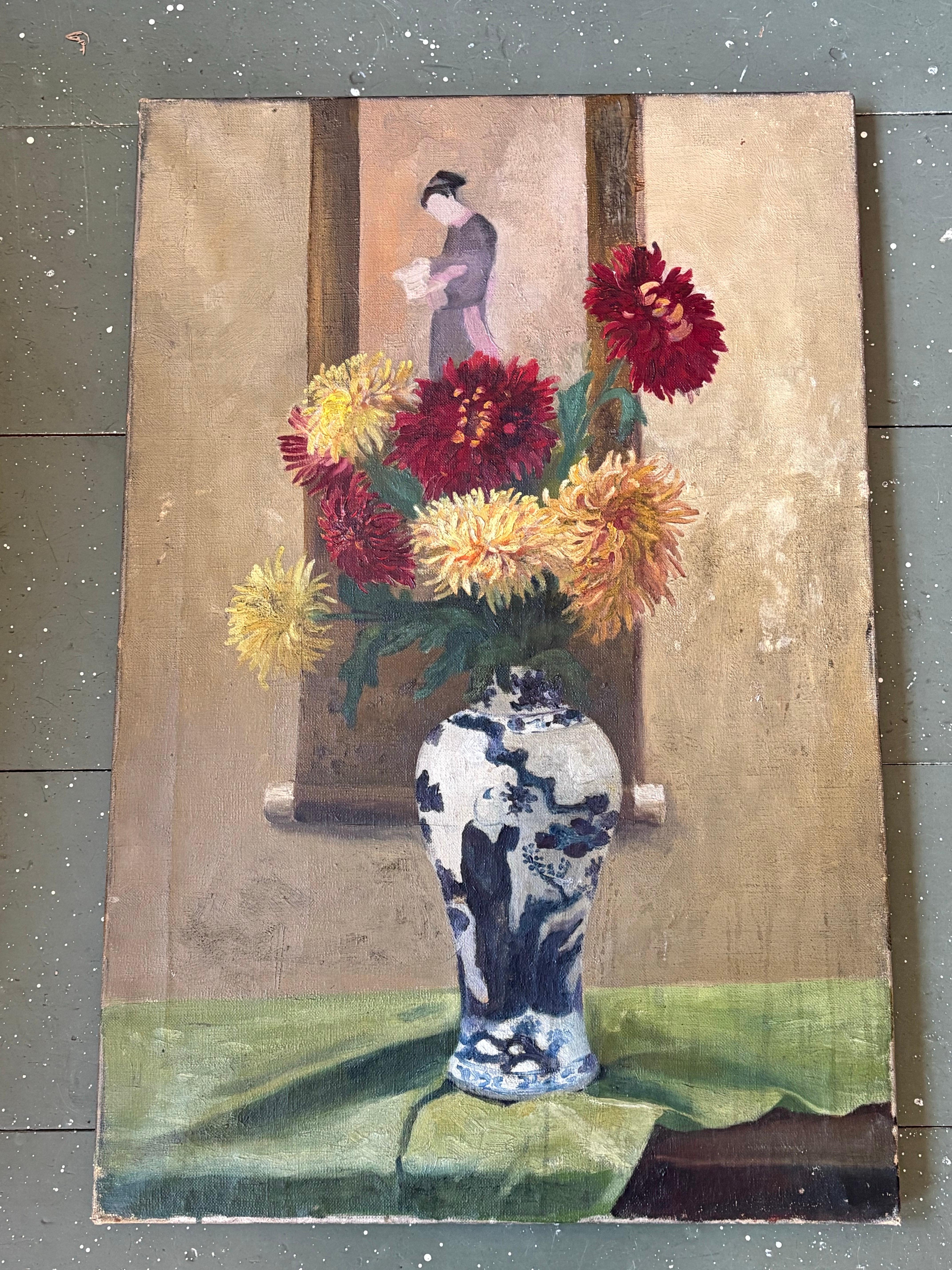 Still Life Painting with Chinese Vase and Scroll by Frederick Roberts Johnson For Sale