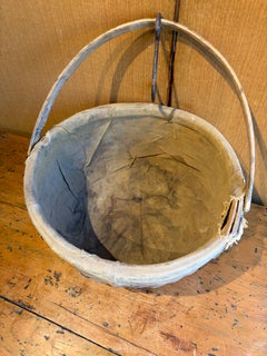 Canadian Woven Swing-Handle Basket with Stenciled Canvas Liner, c. 1900