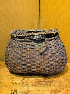 1920 Antique Large Wicker Fishing Creel with Leather and Cotton Strap