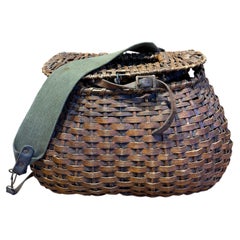 1920 Antique Large Wicker Fishing Creel with Leather and Cotton Strap