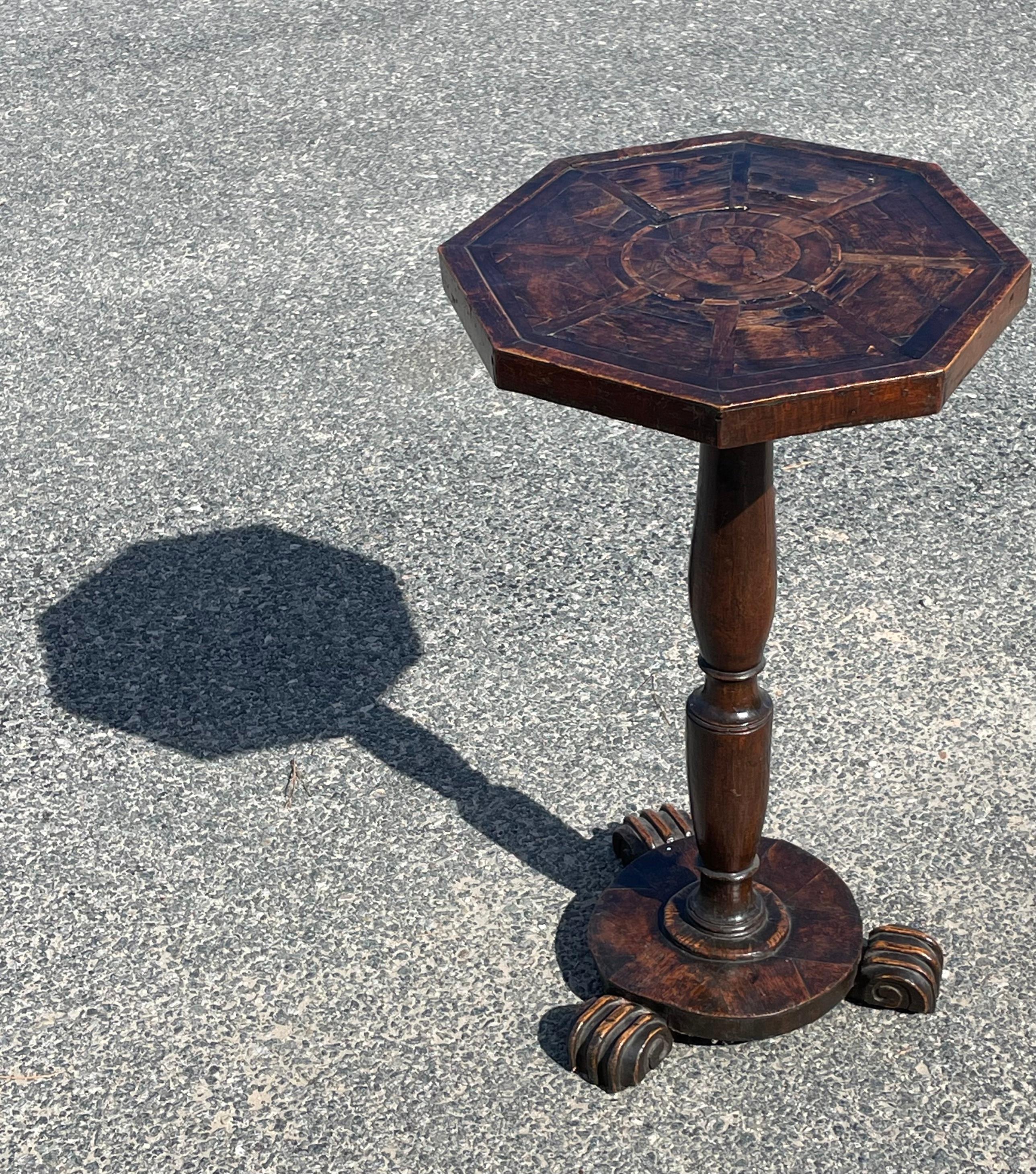 Hand-Crafted 18th Century, English Oak Candle Stand with Inlaid Octagonal Top For Sale