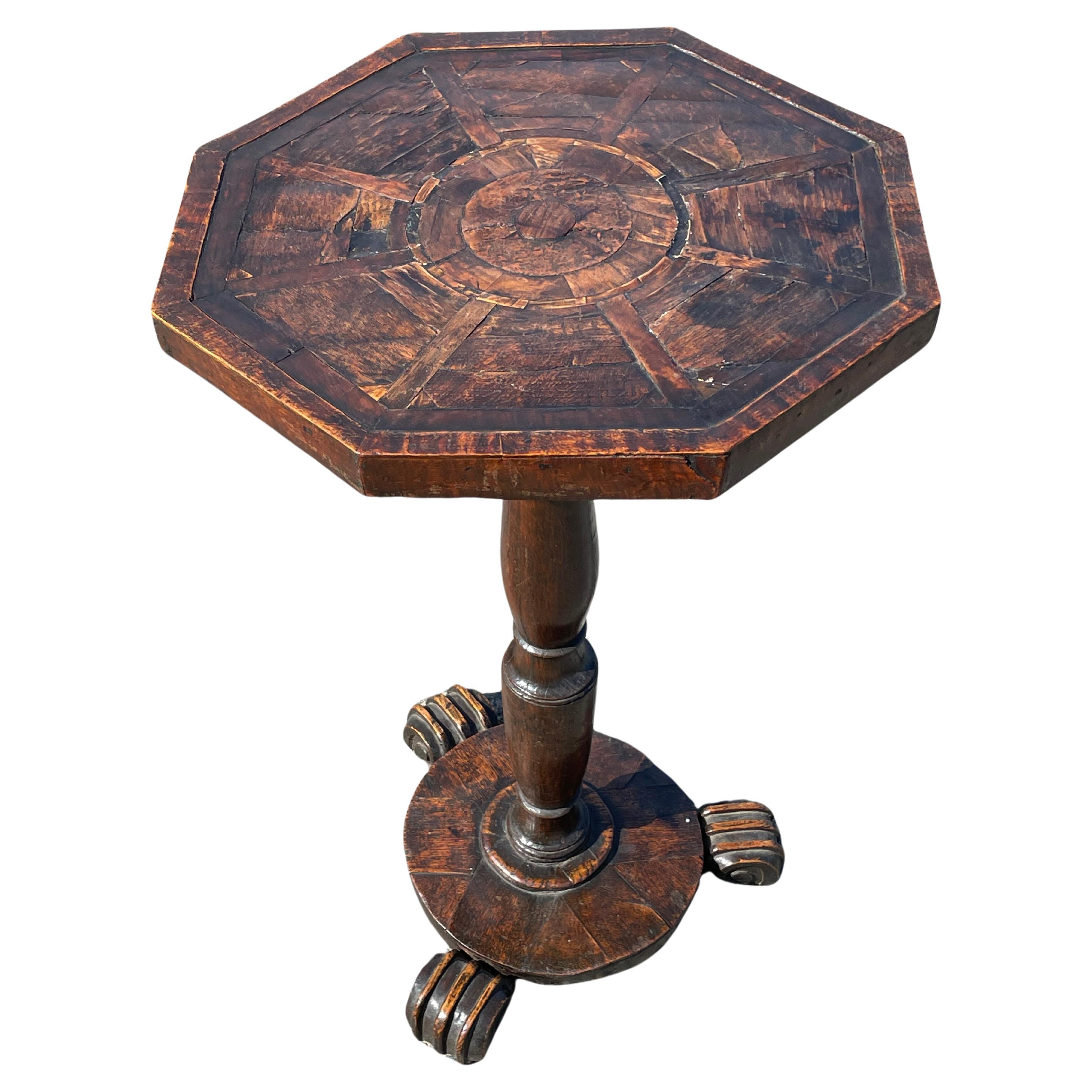 18th Century, English Oak Candle Stand with Inlaid Octagonal Top For Sale