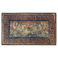 American Folk Art Hooked Rug with Greek Key Border & Floral Medallion Dated 1891