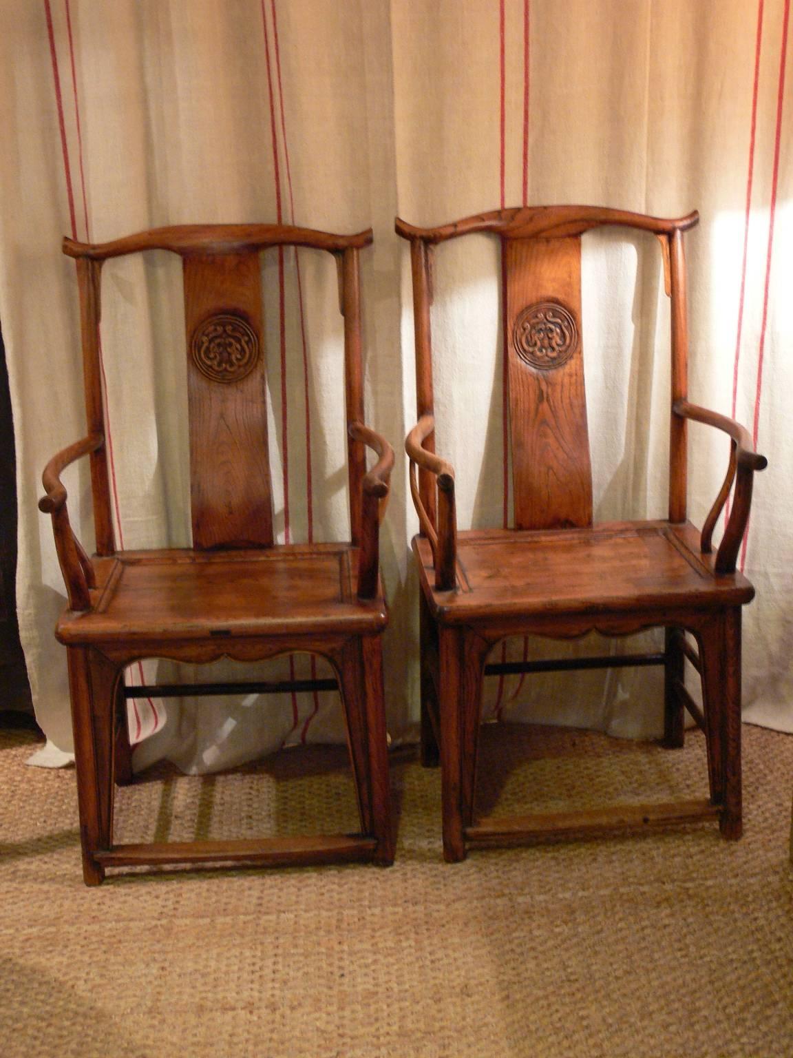 Pair of Chinese Hardwood Yoke-Back Chairs For Sale 8