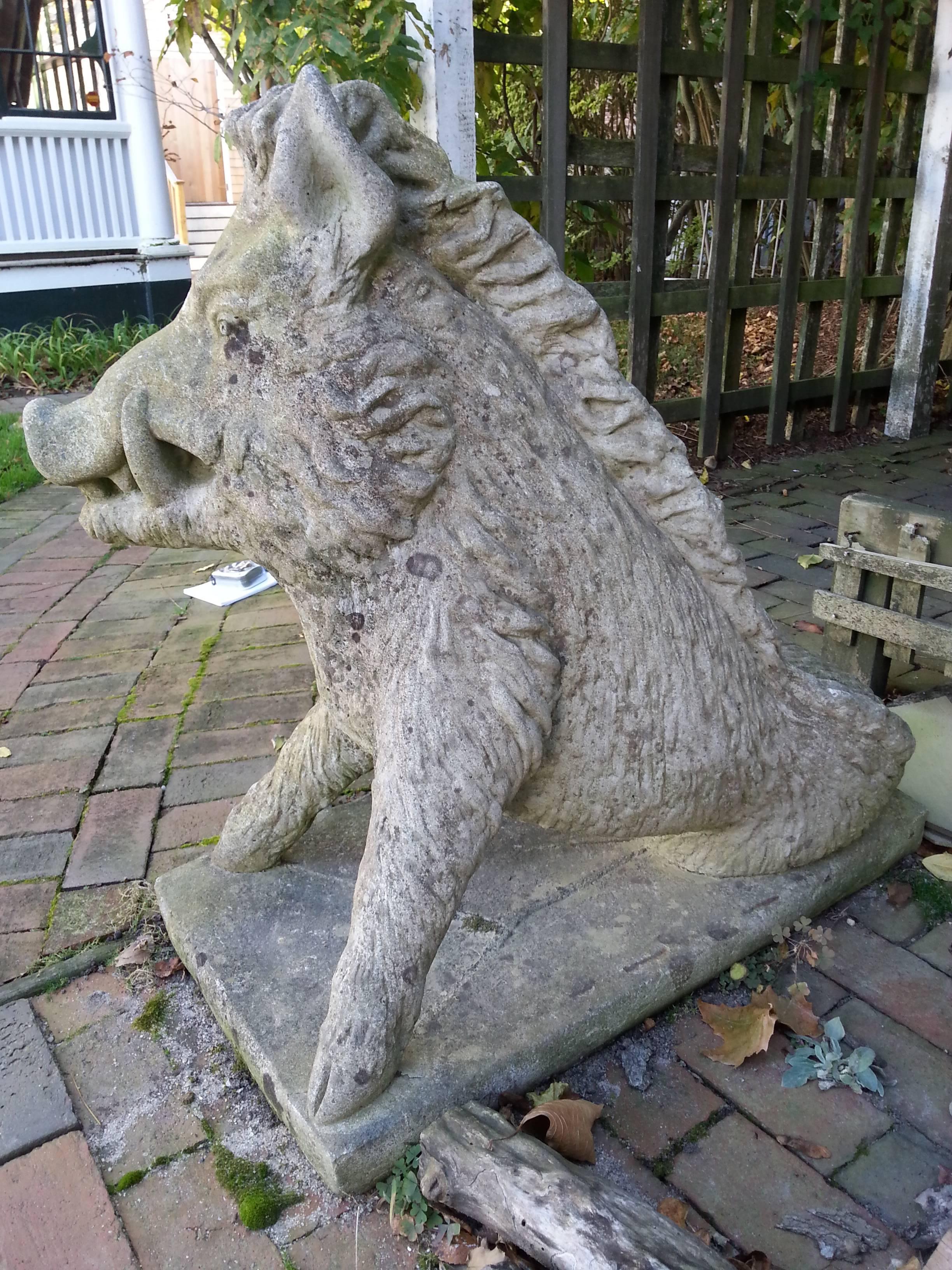 Pair of Concrete Boar Garden Statues In Good Condition In Nantucket, MA
