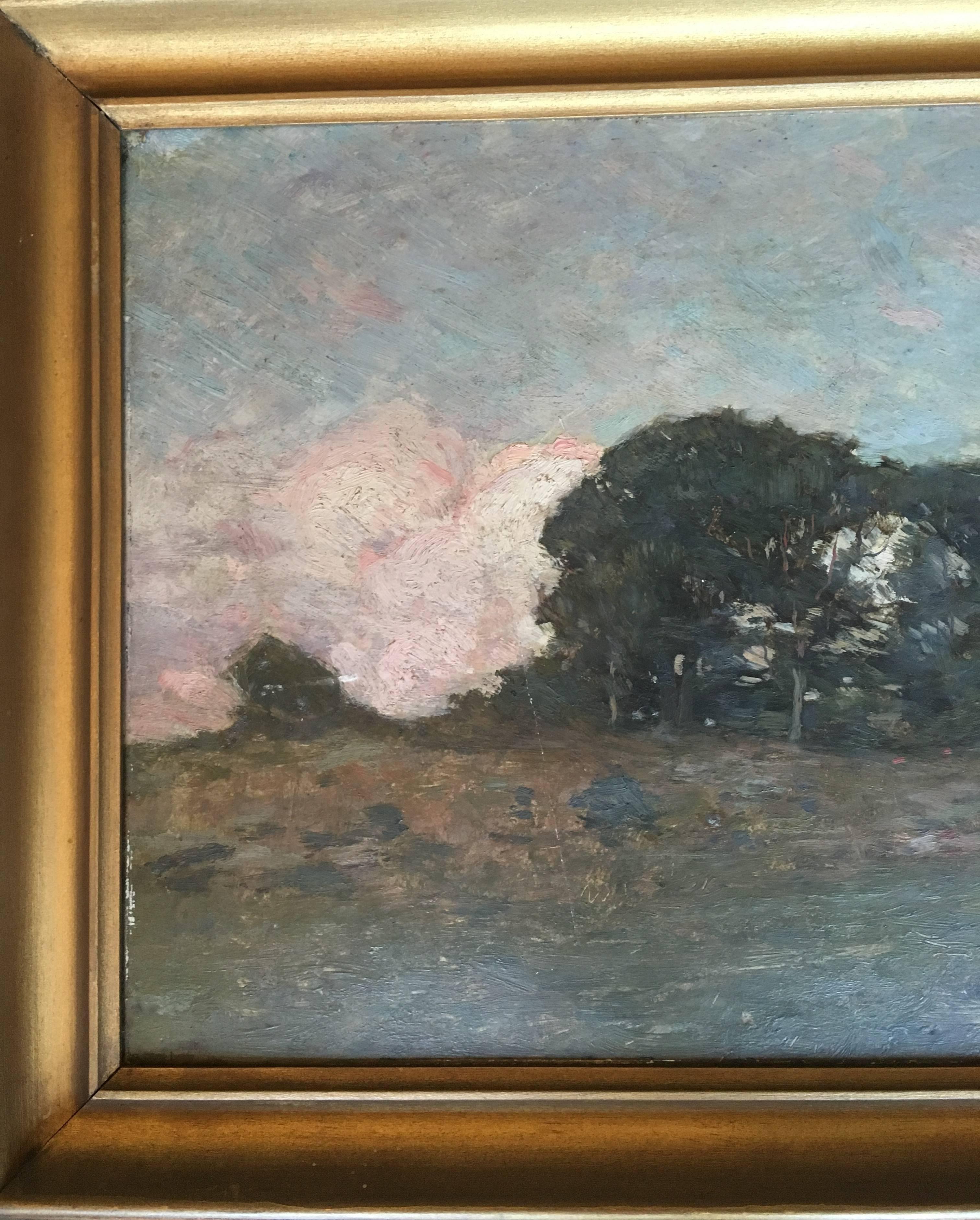Oil on board plein air landscape painting by Clark G. Voorhees (1871-1933), well-listed artist of the 