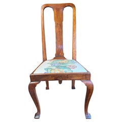 English Queen Anne Style Walnut Side Chair with Floral Seat, c. 1900