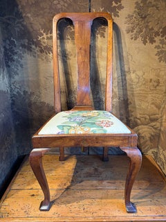 English Queen Anne Style Walnut Side Chair with Floral Seat, c. 1900