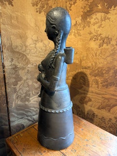 Patinated Bronze Folk Art Mother & Child Figure With Candle Holders
