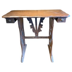 Early 20th Century Carved Trestle-Base Sewing Table with Twin Drawers