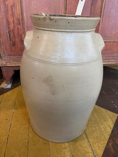19th C. Stoneware 6 Gallon Crock with Molded Side Handles and Cobalt Floral Deco