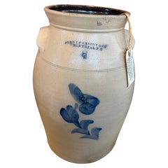 19th C. Stoneware 6 Gallon Crock with Molded Side Handles and Cobalt Floral Deco