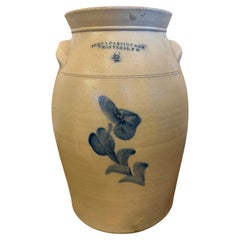 19th C. Stoneware 6 Gallon Crock with Molded Side Handles & Cobalt Floral Decor