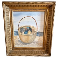 Nantucket Watercolor Painting of Seashells in Basket by Kolene Spicher