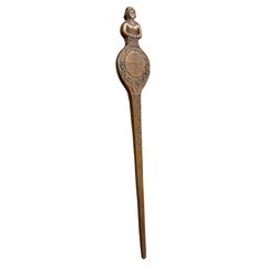 Antique Carved Wooden Distaff Spindle with Figural Finial