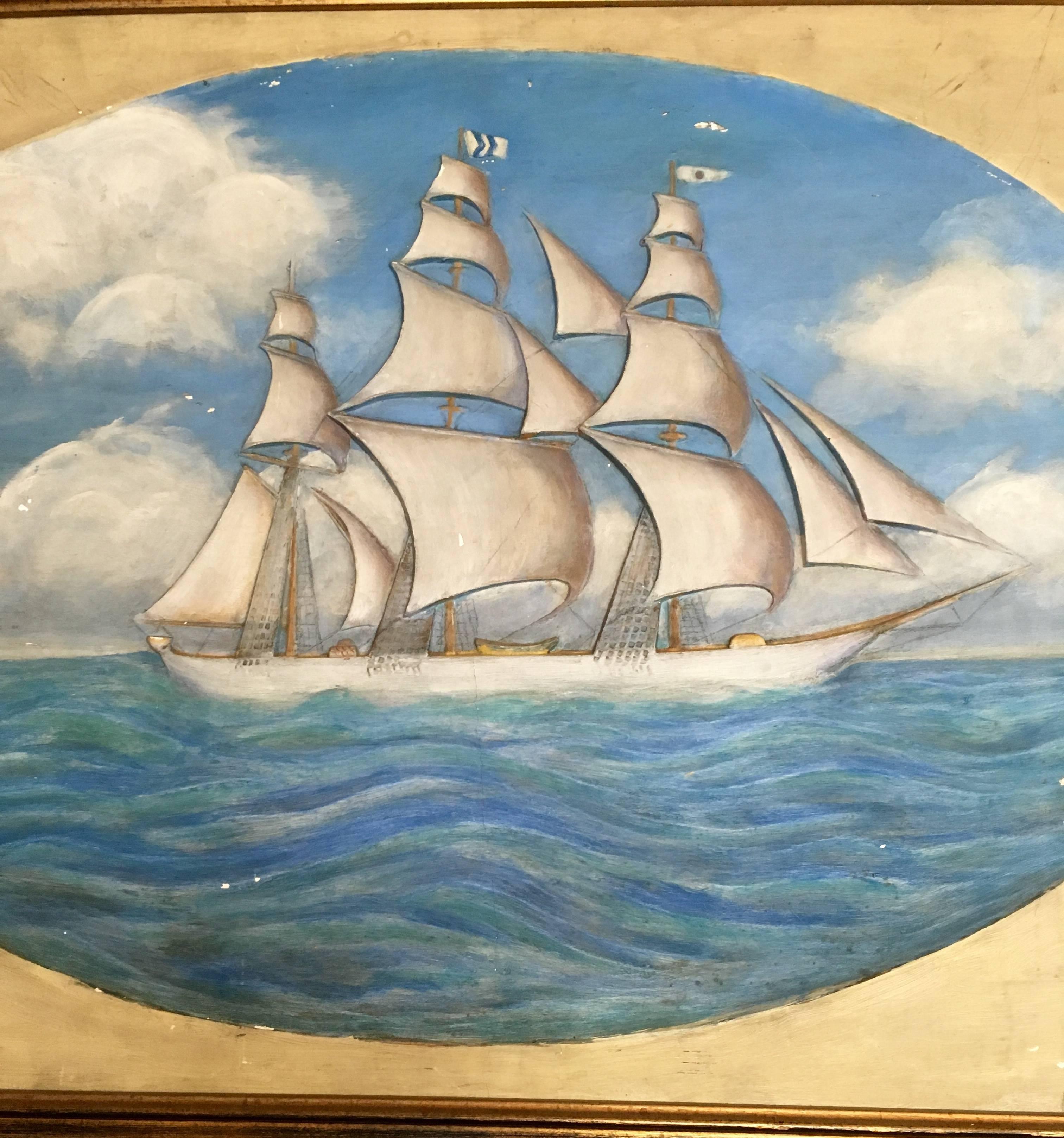 Folk Art Seascape, circa 1920. A bas relief sculpted plaster plaque with hand-painted portrait of a fully rigged ship on port tack, with stay sails aloft, unsigned. Very unusual. In very good to excellent condition, with just a hairline in the