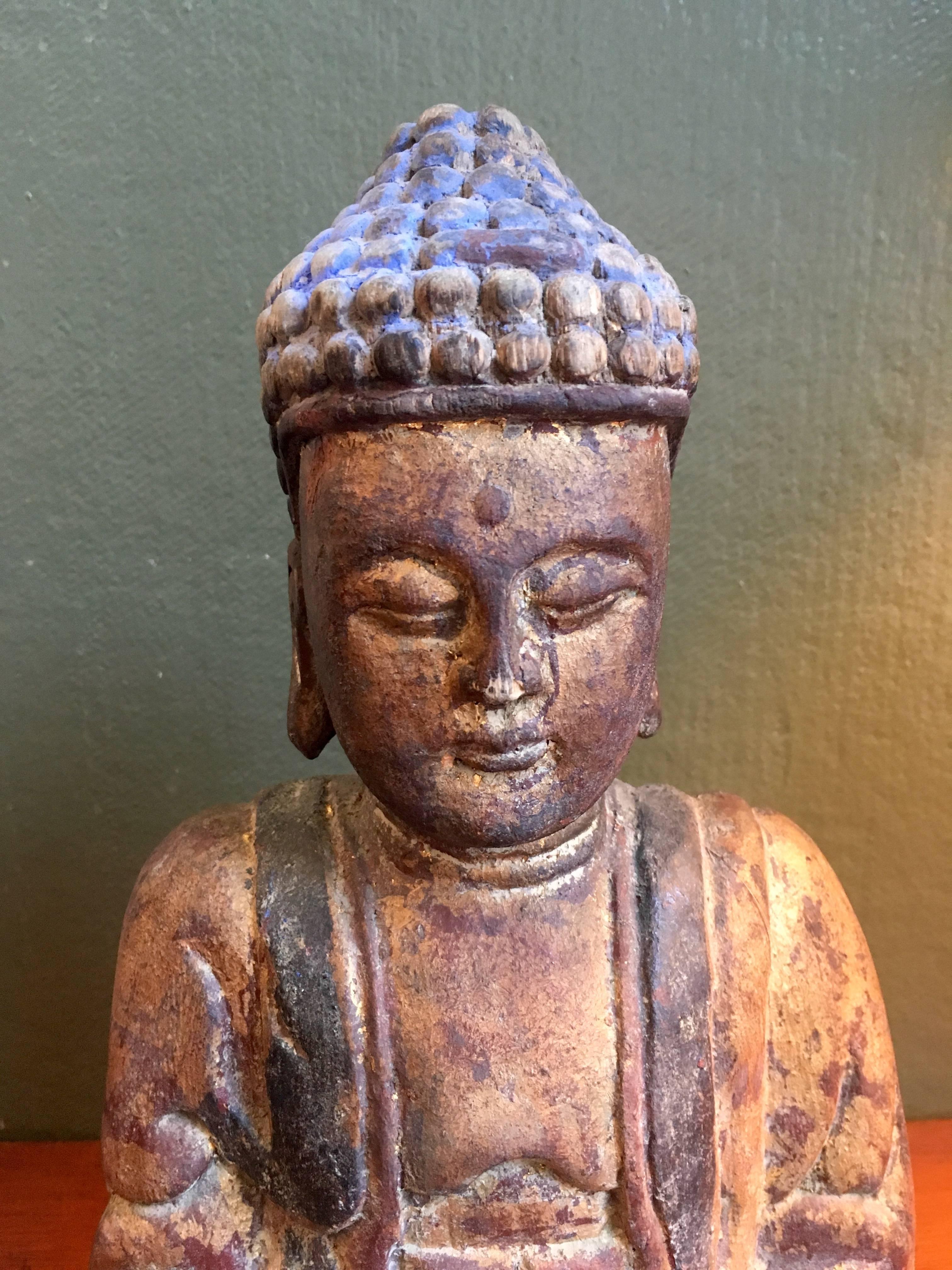 Qing Vintage Carved and Gilded Buddha with Blue on Headpiece