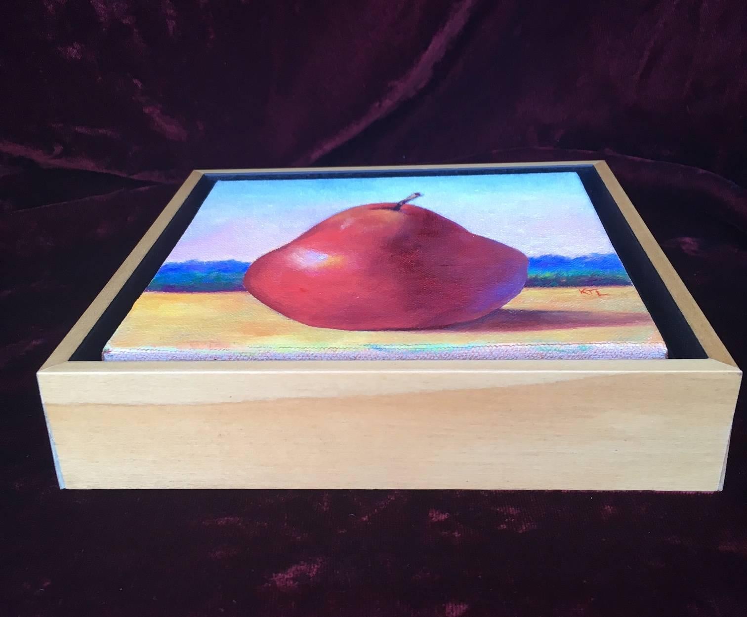 Oil on canvas still life of a pear by well-known Nantucket artist Katie Trinkle Legge, 2002, signed with initials on the front lower right and signed with full name and dated on the reverse. This is a very early painting by Ms. Legge, where the