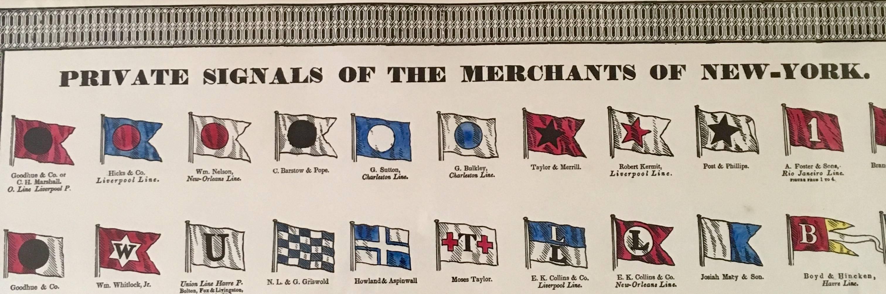 Lithograph, Private Signals of the Merchants of New York, a colored print on paper display of various House Flags flown on New York clipper ships in the 19th century, within a gadroon style border, inscribed lower right 