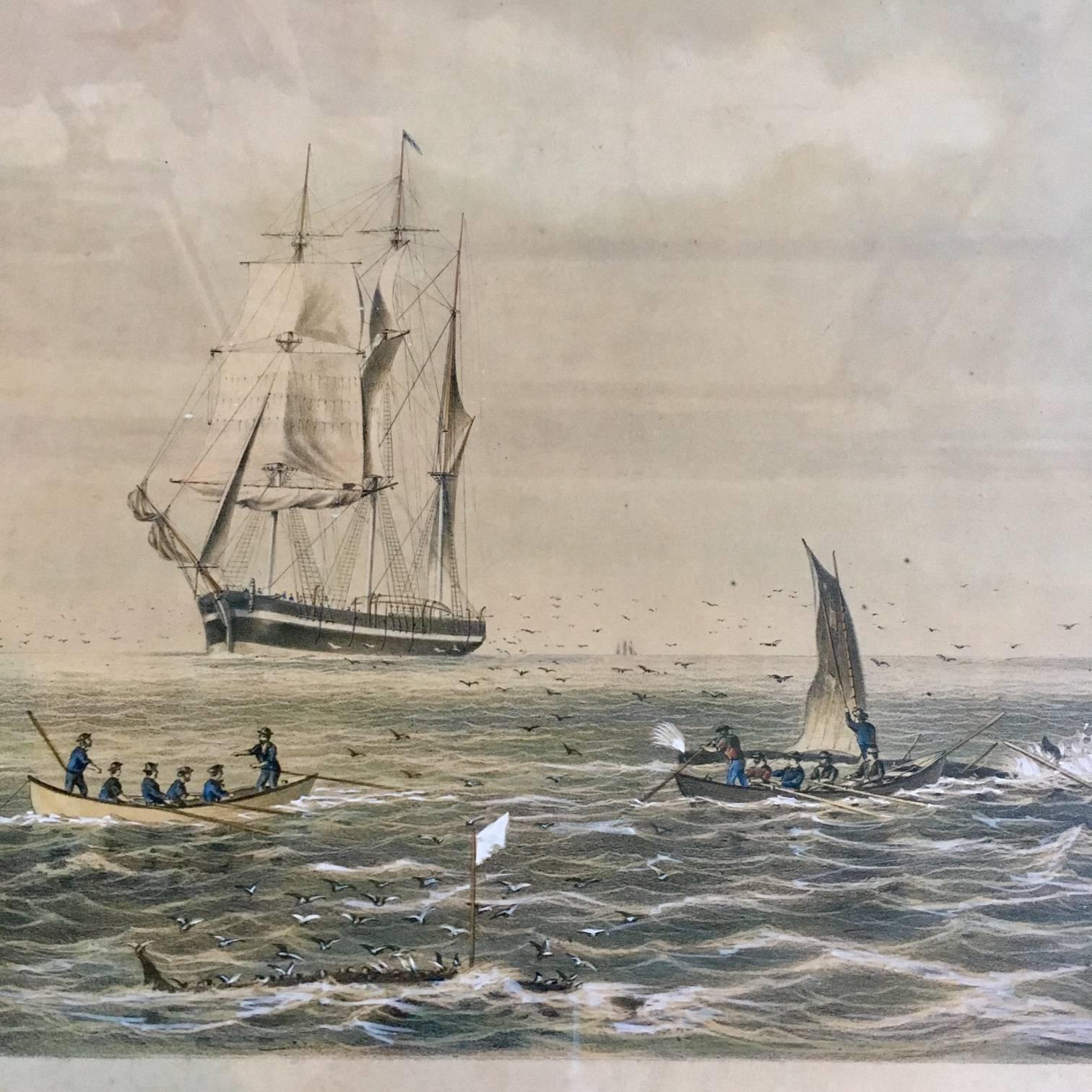 Fine colored lithograph of Sperm Whaling with its Varieties, after Original by Benjamin Russell (New Bedford: 1804-1885), Published by John Henry Bufford (Boston: 1810-1870), Artist’s Proof printed in 1870, a colored lithographed finished by hand,