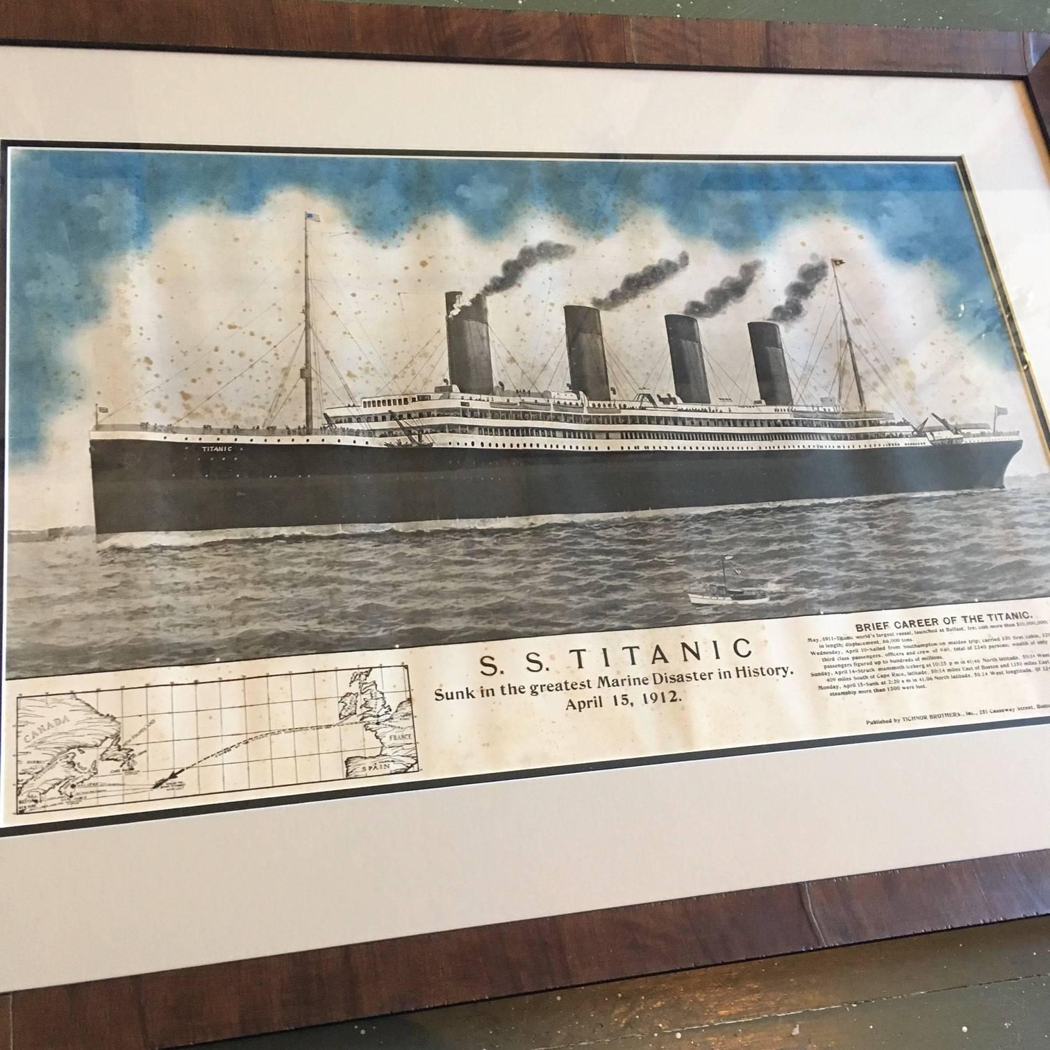 Period printed broadside of the titanic catastrophe, published on April 15, 1912, a colored print of the “Titanic” on the high seas, with her history and statistics, ship’s course, and description of the wreck detailed across the bottom. This was