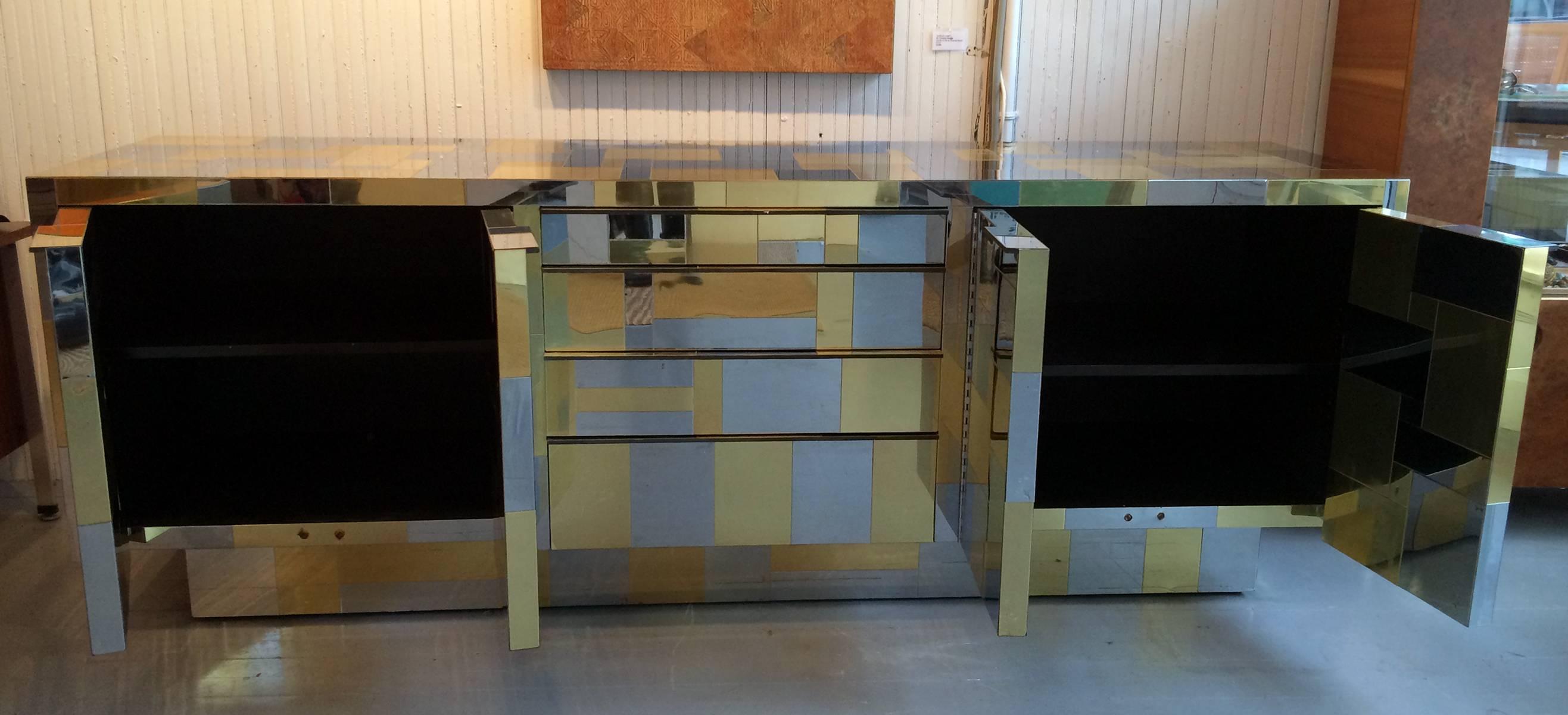 Mid-Century Modern Large Cityscape Credenza in Brass and Chrome by Paul Evans