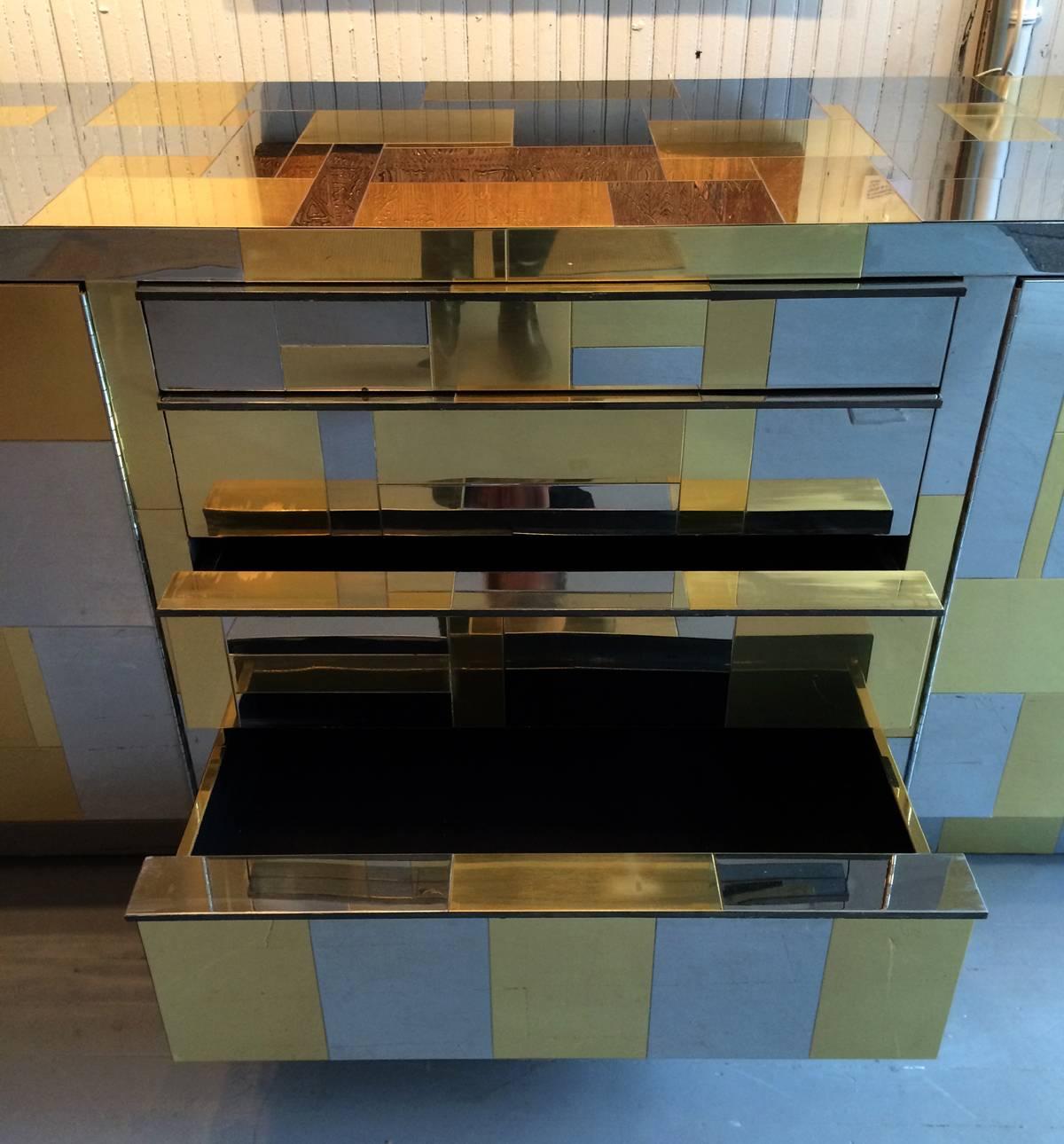 American Large Cityscape Credenza in Brass and Chrome by Paul Evans
